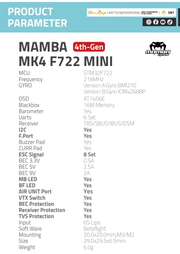 Kontroler lotu MAMBA MK4 F722 Mini ICM42688P