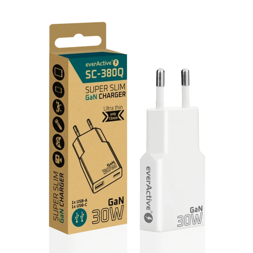 EverActive GaN SUPER SLIM SC-380Q mains charger with USB QC3.0 and USB-C PD 30W