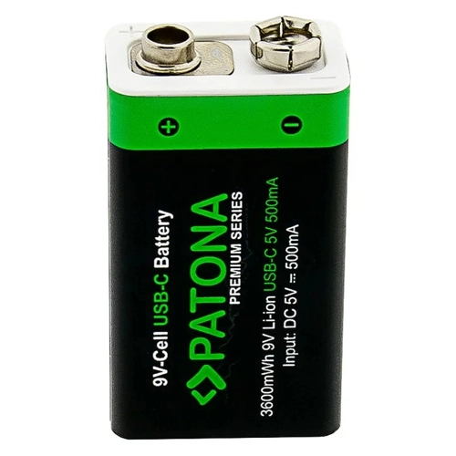 2x PATONA Premium 9V 3600mWh Rechargeable Batteries with USB-C and Cable