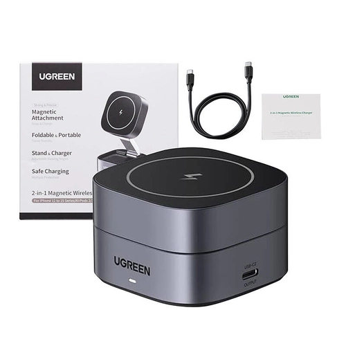 Qi 2-в-1 індуктивний зарядний пристрій Ugreen W256 для iPhone, AirPods, 20 Вт (чорний) + кабель USB-C до USB-C 1м